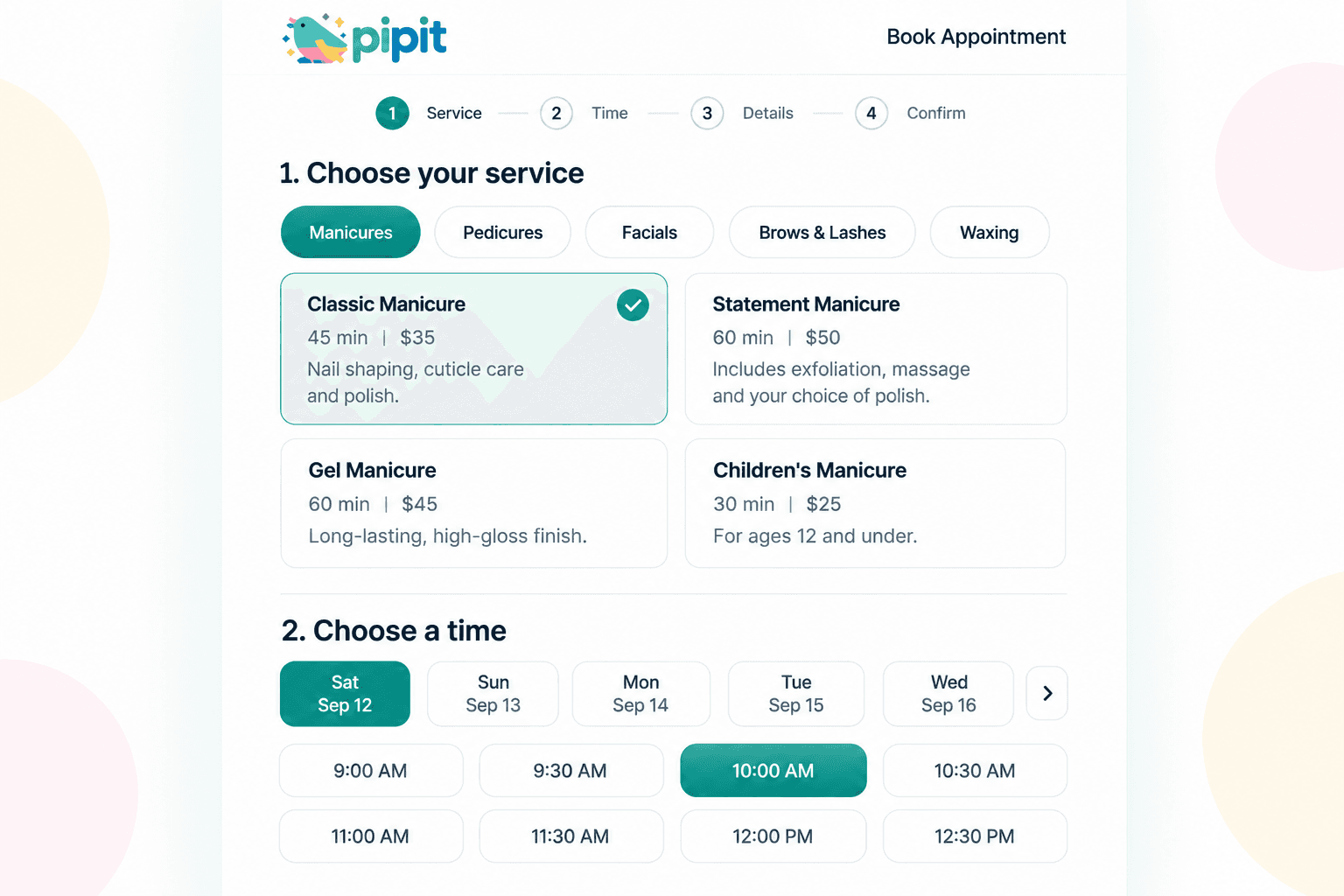 Pipit online booking interface showing service selection and available appointment times.